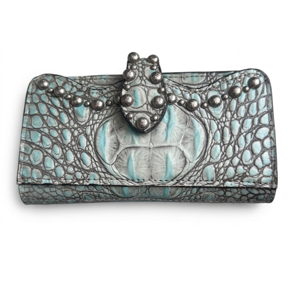 Double J Saddlery Vintage Mint Crocodile Embossed Leather Wallet w/ Stud Detail